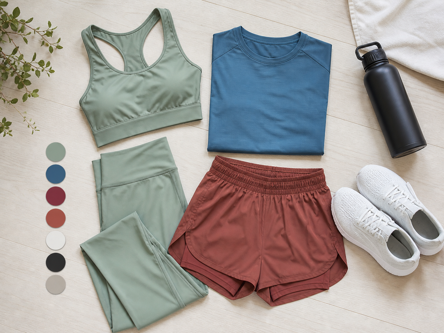 Flatlay of coordinated activewear pieces and color swatches