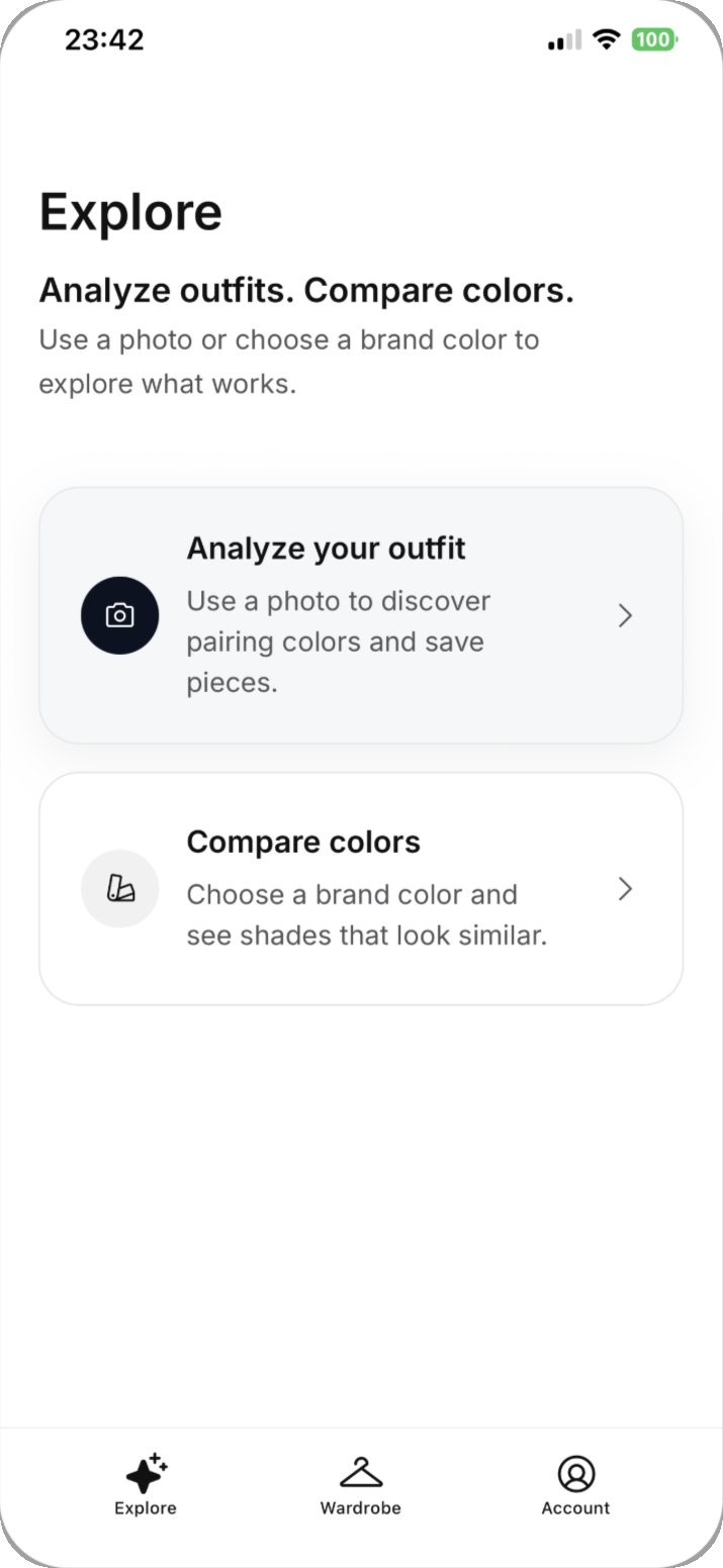 FitHue Explore screen with analyze outfit and compare color actions