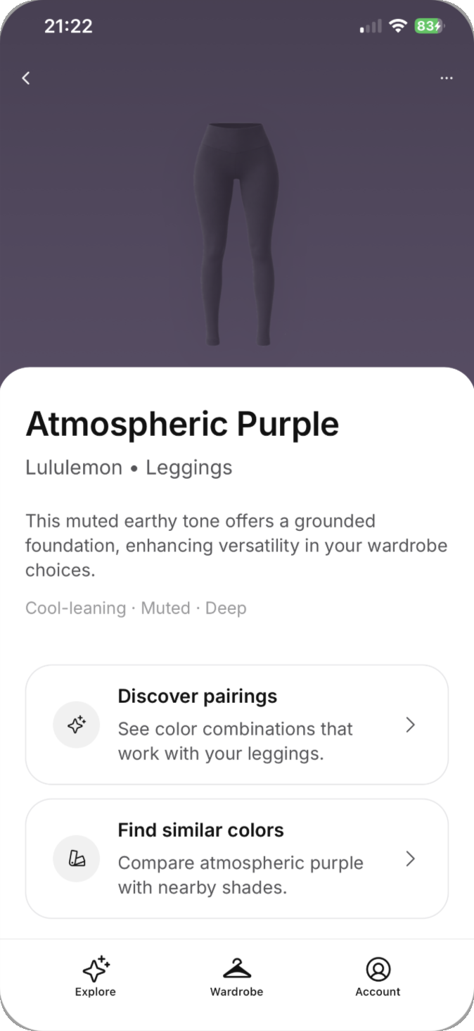 FitHue product color screen for Atmospheric Purple leggings
