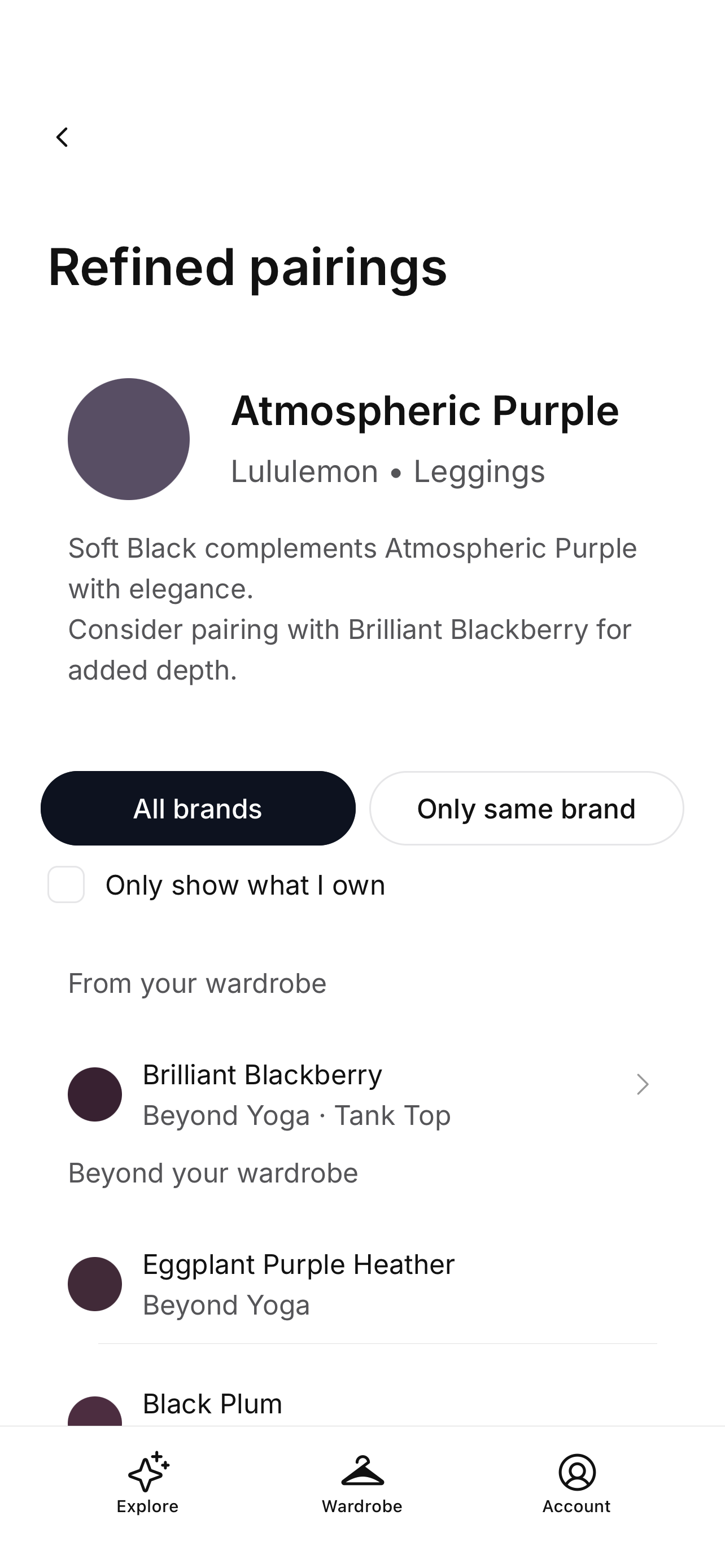 FitHue Refined Pairings screen showing complementary activewear colors for Atmospheric Purple