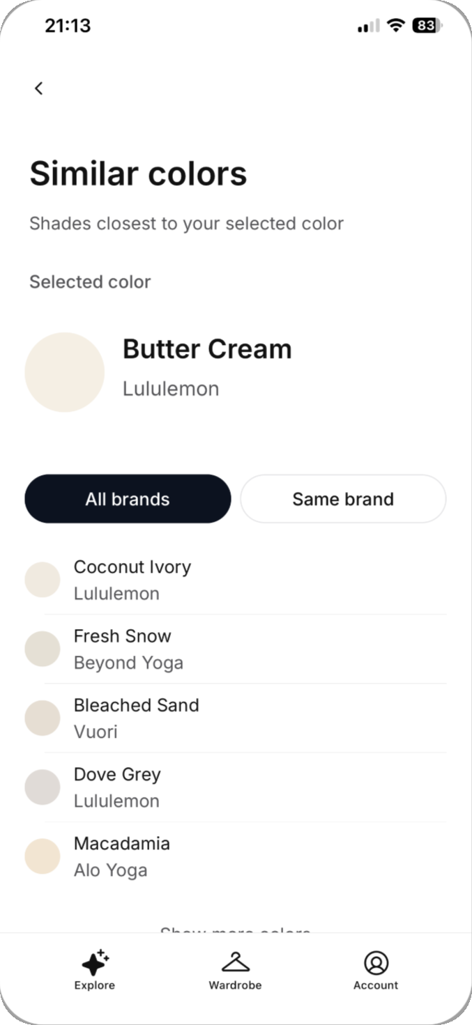 FitHue similar colors screen showing nearby activewear shades across brands