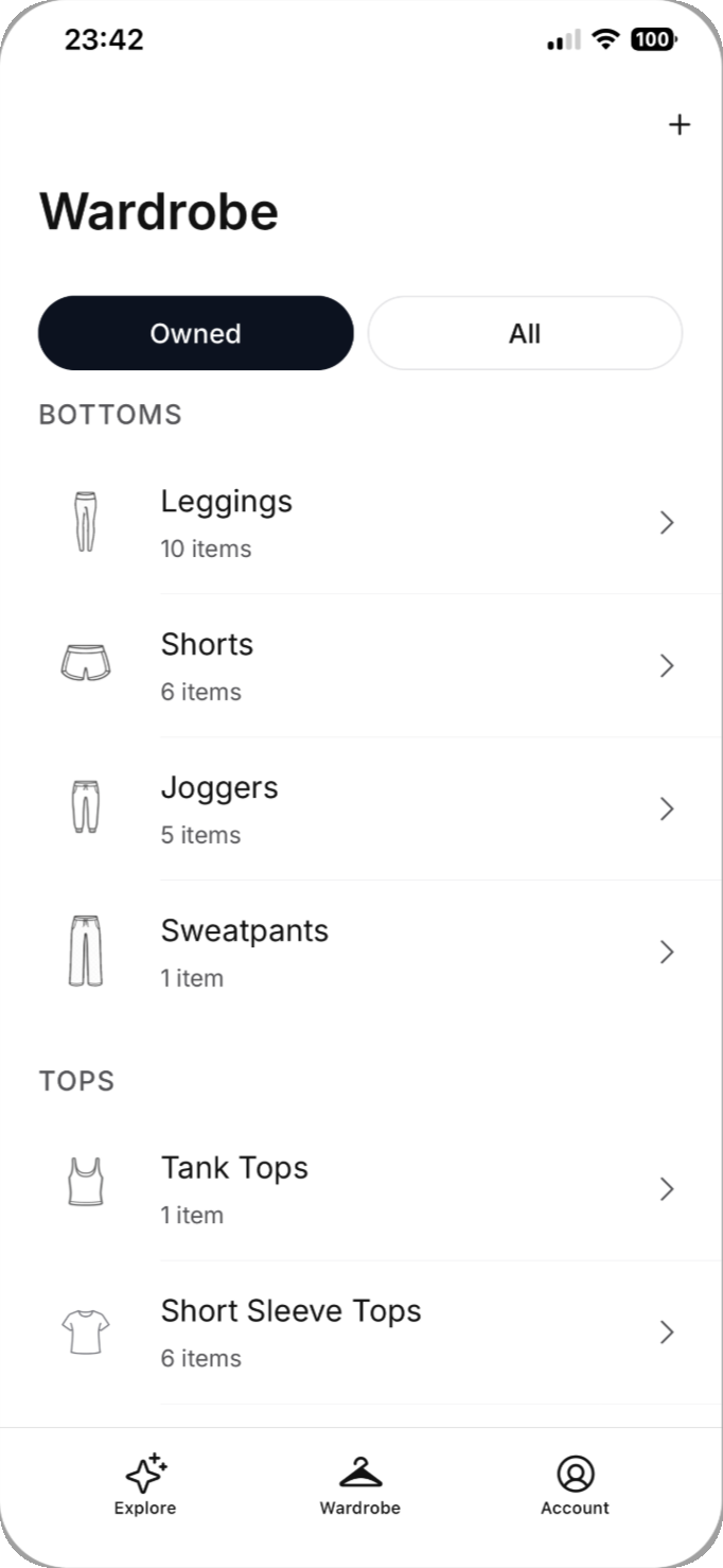 FitHue wardrobe showing saved activewear pieces and colors
